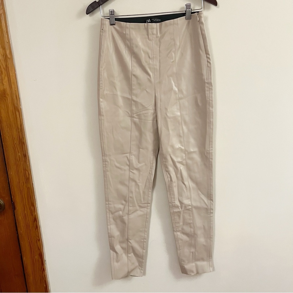 ZARA Insta High Waist Faux Leather Beige Leggings Trousers Size M 8372/294/711